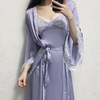 Elegantiškas Prancūzų Ilgas Chalatas Kimono Pižamą Sexy Nėrinių Vestuvės Twinset Skraiste Nustatyti Pavasarį, Vasarą Moterys Sleepwear Laisvi Namų Suknelė